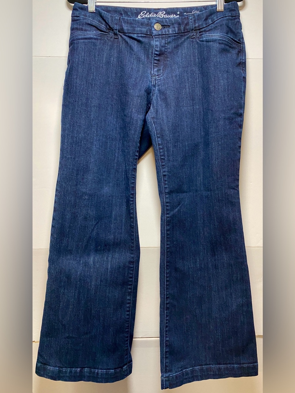 EDDIE BAUER-Size 12P-Curvy Trouser Dark Wash, Mid Rise,Flare Stretch Denim Jeans